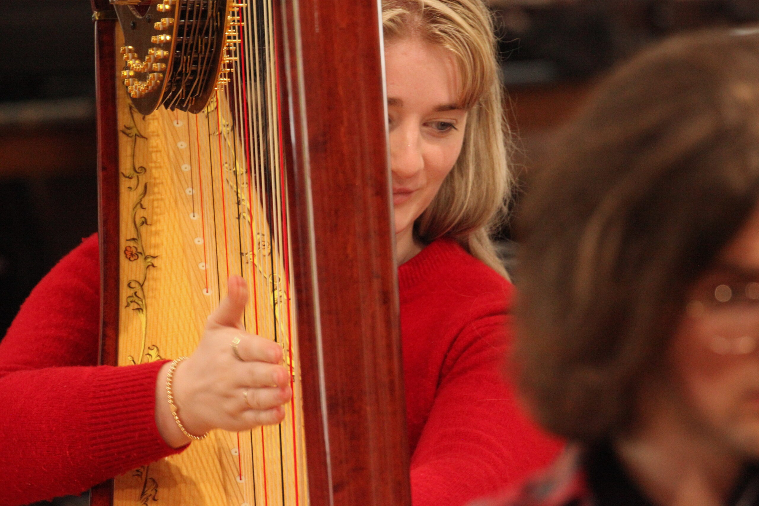 A student harpist in rehearsal, playing with quite focus. Their hand is muting the strings.