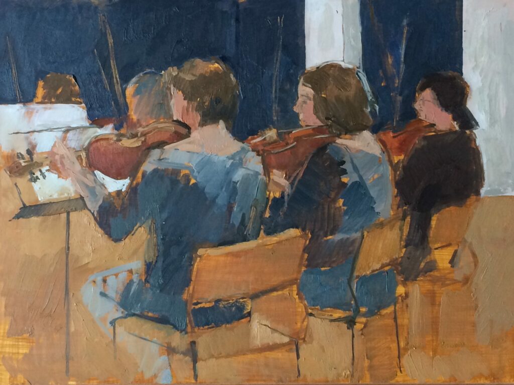 A blue-and-ochre toned view of a section of violins playing, seen at an angle from behind .