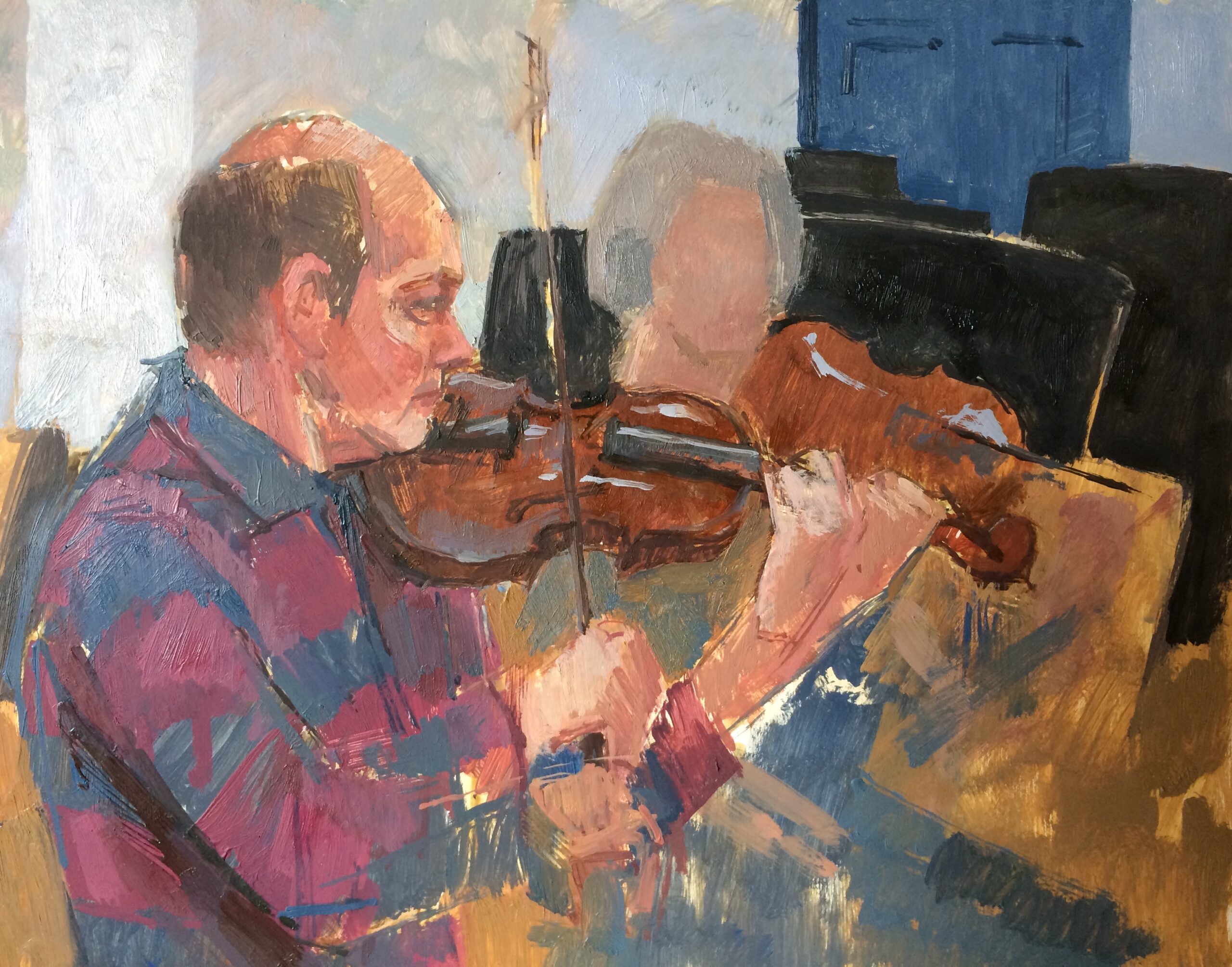 RO Leader Peter Nall depicted playing his violin, bow upright, with another player sketched out to his side. Multiple hand positions create a sense of movement.